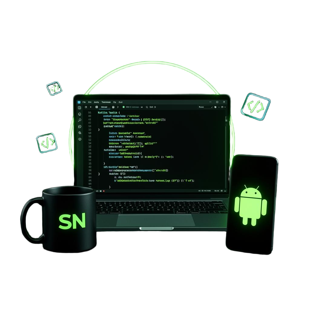 Laptop with Kotlin code, Android phone and developer mug — StudioNinja workspace